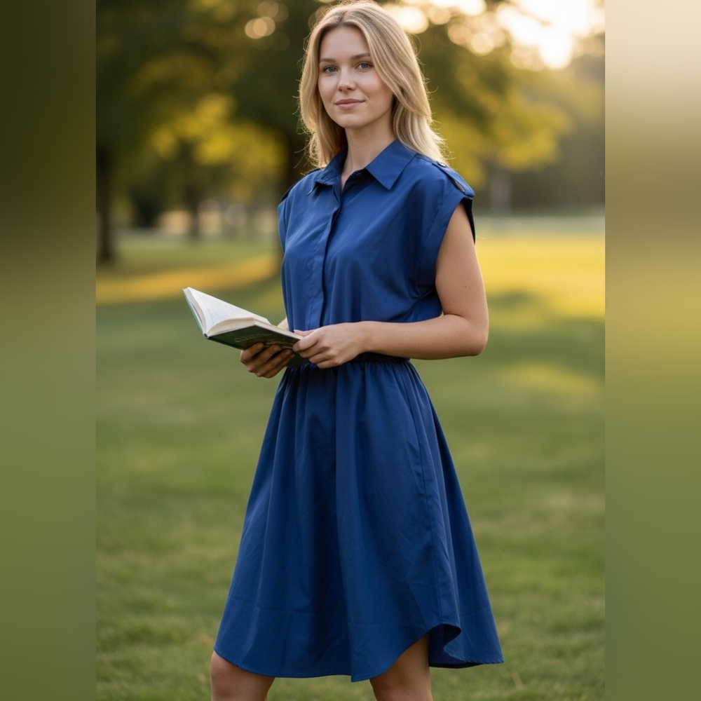 Navy Elastic-Waist Shirt Dress Size M (US 10)